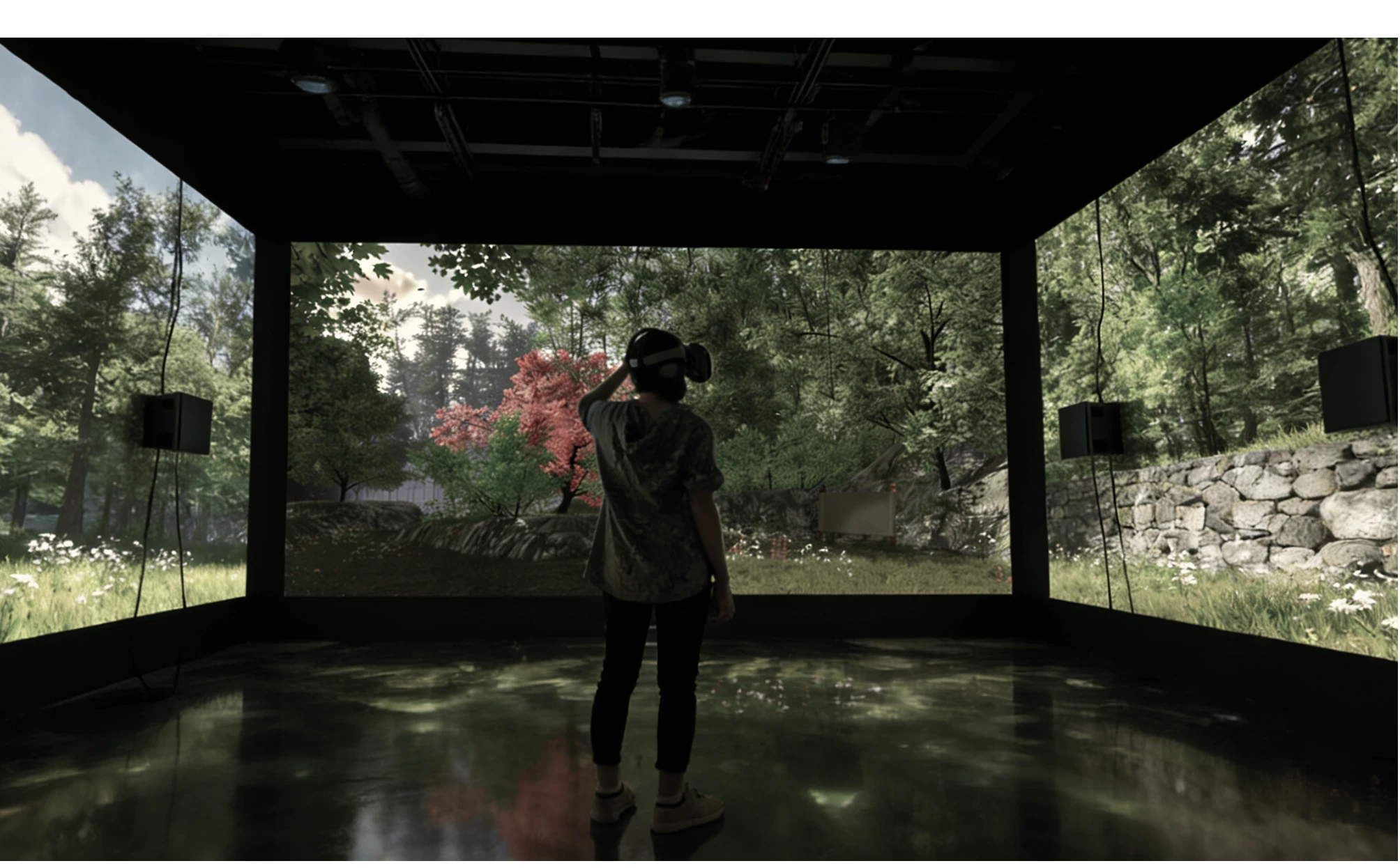 体验者在沉浸式环幕空间中使用VR设备